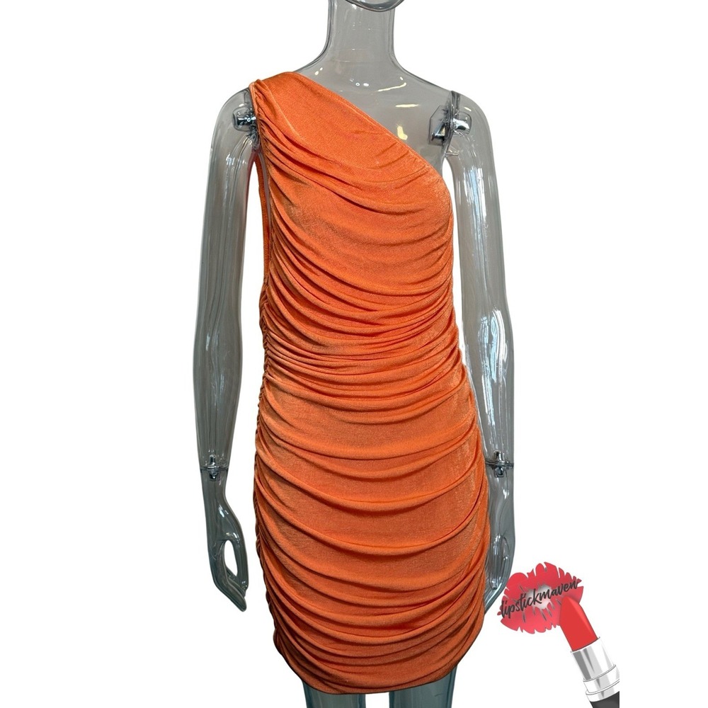 Lioness Goddess Dress Womens XL Orange One Shoulder Ruched Bodycon Stretch Mini